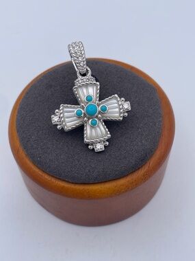 Judith Ripka Sterling Silver 925 Turquoise MOP Maltese Cross Enhancer Pendant